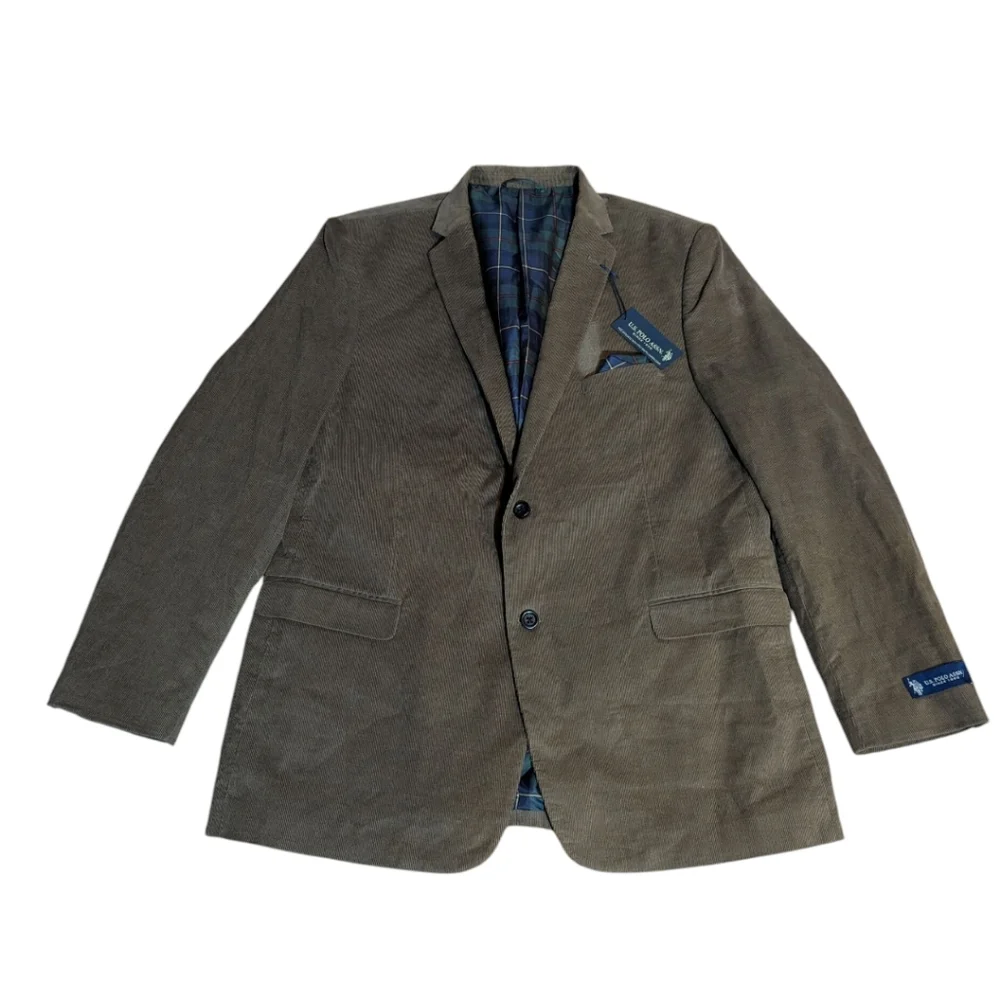 New Taupe Brown corduroy Sport Coat Plaid Lining Arm Patches Business NWT Sz 48L